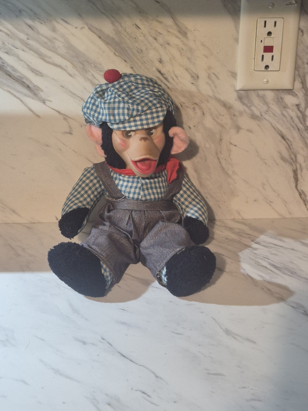 Vintage Rubber Face Mr. Bim Blue Gingham Plaid Hat Overalls Monkey Plush GUND